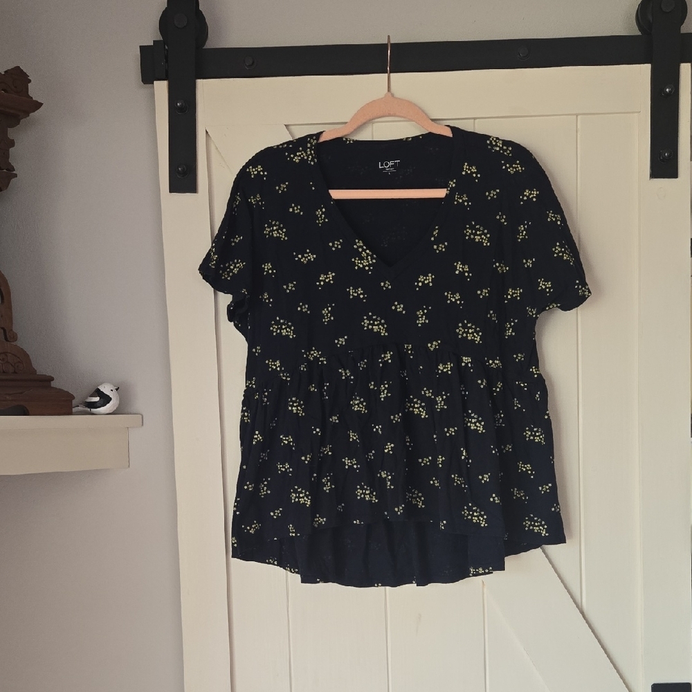 LOFT Navy Blue V-Neck Peplum Top with Yellow Floral Print